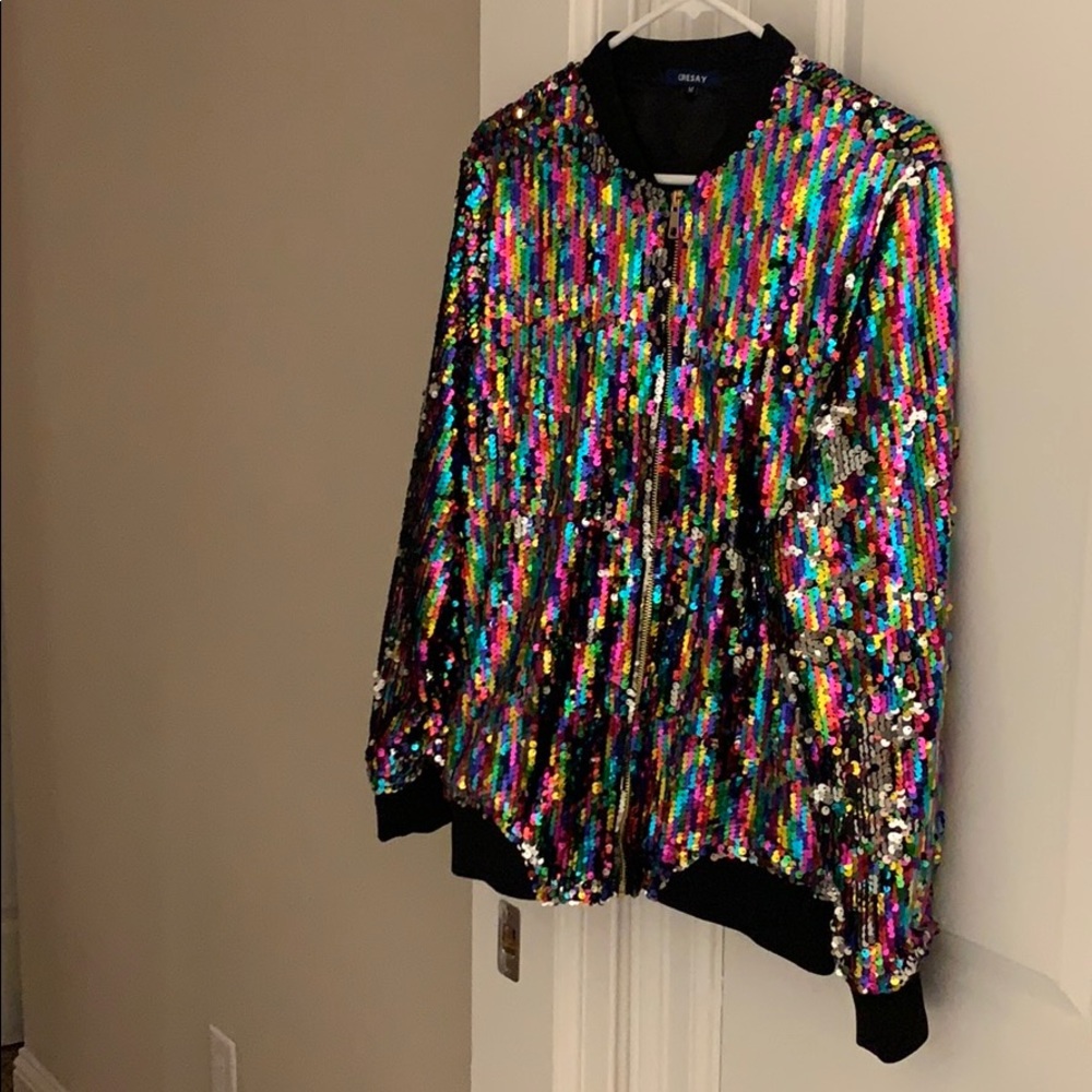 multicolor sequin zip up bomber